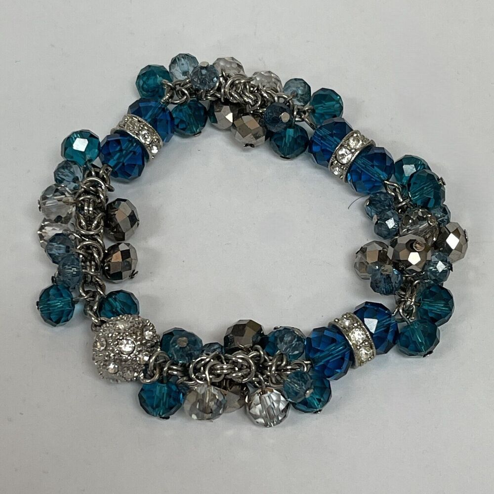 Silver-tone Blue Clear Gray Beads Beaded Women's Fashion Charm Bracelet NWOT